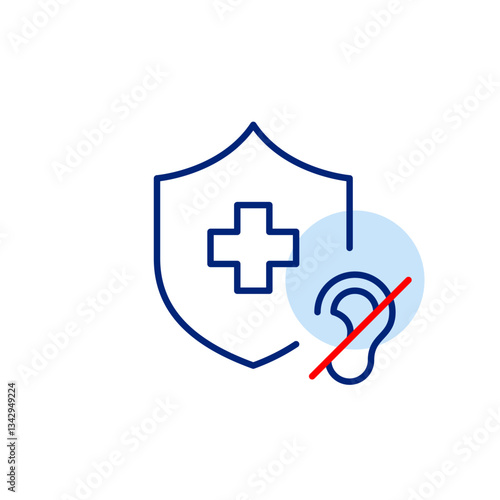 Health insurance shield with cross and ear crossed off. Hearing loss treatment by audiologist or otolaryngologist. Pixel perfect, editable stroke vector icon