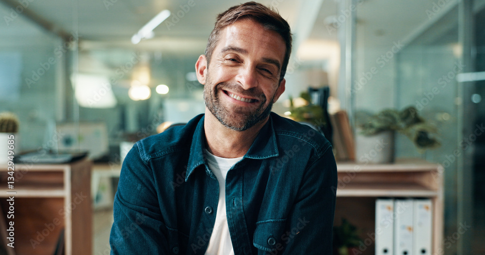 Creative man, portrait and smile in office with night, overtime and writer at publishing agency. Project, journalist professional and deadline for news article, reporter and employee in workplace Creative man, portrait and smile in office with night, overtime and writer at publishing agency. Project, journalist professional and deadline for news article, reporter and employee in workplace