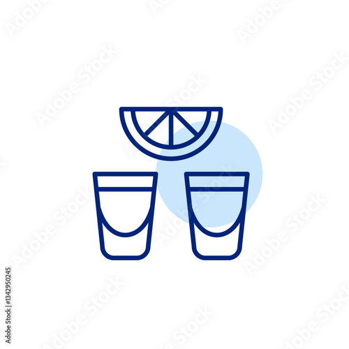 Two shots of tequila and slice of lime. Drinking, bar menu. Party night out. Pixel perfect, editable stroke vector icon