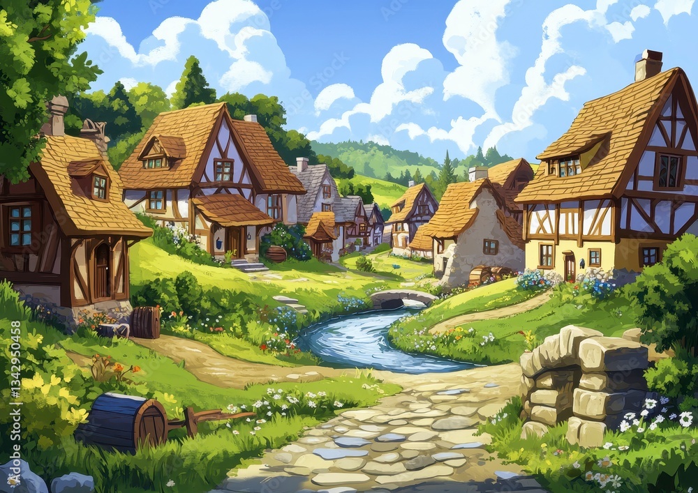 Picturesque Village Scene with Colorful Houses and Sunny Sky Picturesque Village Scene with Colorful Houses and Sunny Sky