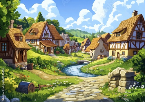 Wallpaper Mural Picturesque Village Scene with Colorful Houses and Sunny Sky Torontodigital.ca