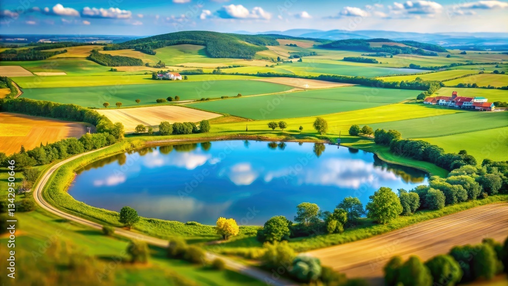 Fototapeta premium Central Bohemian summer: a tilt-shift lens transforms pond and fields into a toyland.