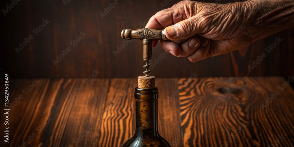 Cork being removed from a wine bottle with a vintage corkscrew on a wooden table in a softly lit setting