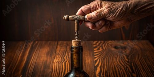 Obraz na płótnie Cork being removed from a wine bottle with a vintage corkscrew on a wooden table in a softly lit setting w salonie