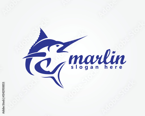 creative blue marlin jumping logo design template