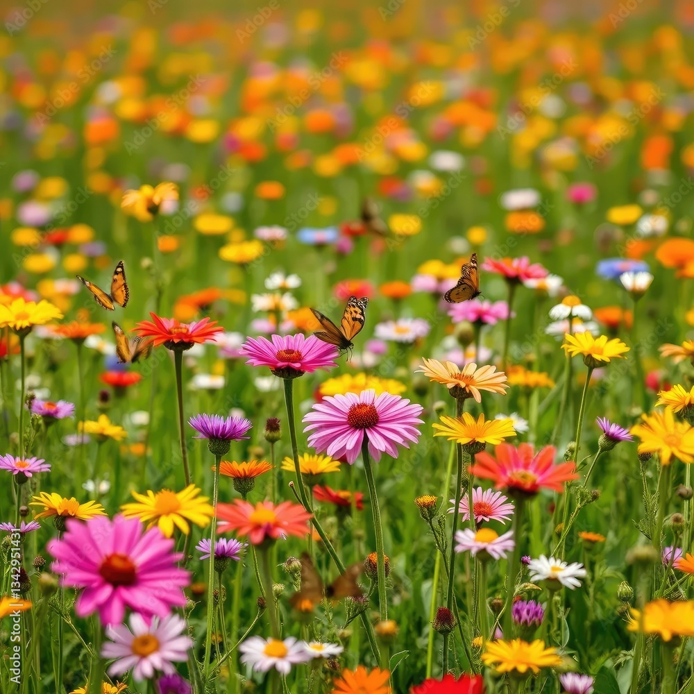 Fototapeta premium Colorful flowers in a field with butterflies fluttering around, field, wildflowers, summer