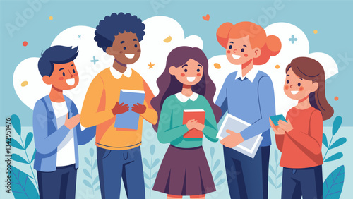 Students taking turns sharing positive affirmations and offering compliments to their classmates.. Vector illustration