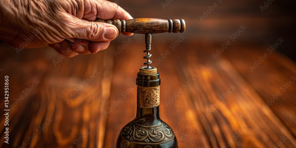 Cork is being removed from a wine bottle with a classic corkscrew in a rustic setting