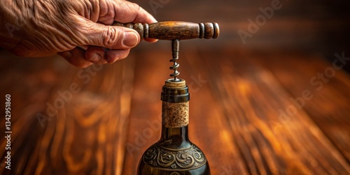 Obraz na płótnie Cork is being removed from a wine bottle with a classic corkscrew in a rustic setting w salonie