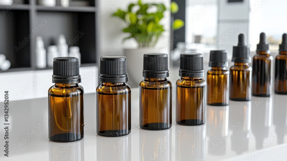 Aromatic Bottles of Essential Oils Displayed on a Wooden Countertop