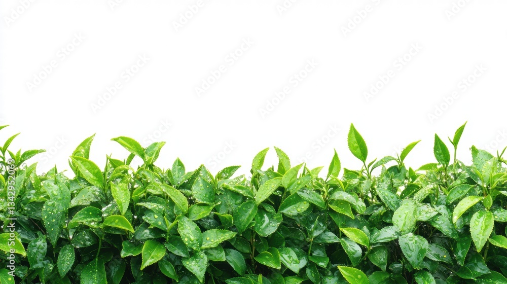 Fototapeta premium Lush Green Leaves with Raindrops on Fresh Foliage Against White Background