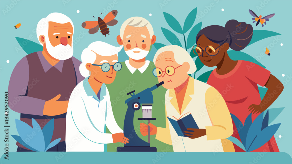 A group of seniors gathered around a retro microscope marveling at the intricate details of various insect specimens.. Vector illustration A group of seniors gathered around a retro microscope marveling at the intricate details of various insect specimens.. Vector illustration