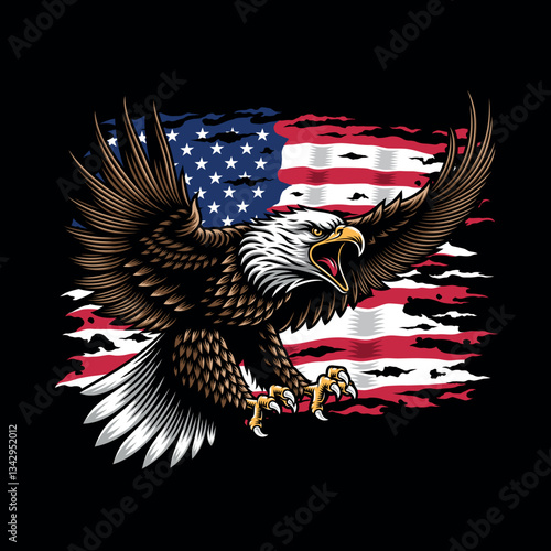 American Bald Eagle Swooping Down With Tattered American Flag 