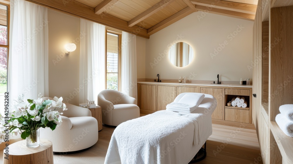 Fototapeta premium Elegant Minimalist Bathroom with White Tub and Chic Seating Arrangement