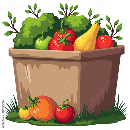 Colorful compost bin filled with fresh vegetables, sustainability concept