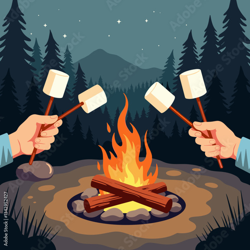 Hands roasting marshmallows by campfire at night, cozy fun