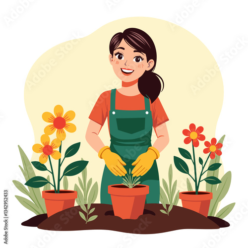 Cheerful gardener planting flowers in pots, nurturing growth
