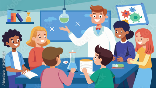 The room was abuzz with ideas as the group brainstormed ways to make the schools annual science fair the best one yet during the PTA meeting discussion.. Vector illustration