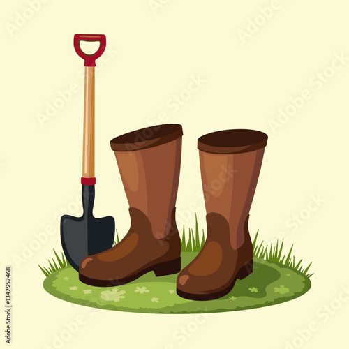 Gardening boots ready for work beside shovel on grass, gardening concept