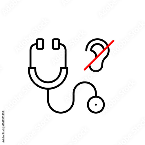 Stethoscope and ear crossed symbol. Quiet medical environment or a non-verbal consultation method. Health services designed for deaf or hard-of-hearing patients, such as sign language communication. P