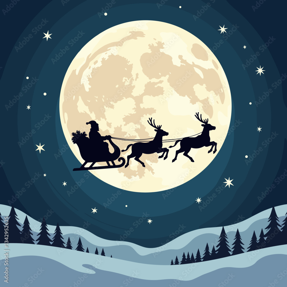 Naklejka premium Santa flying in a sleigh across the moonlit night, holiday magic