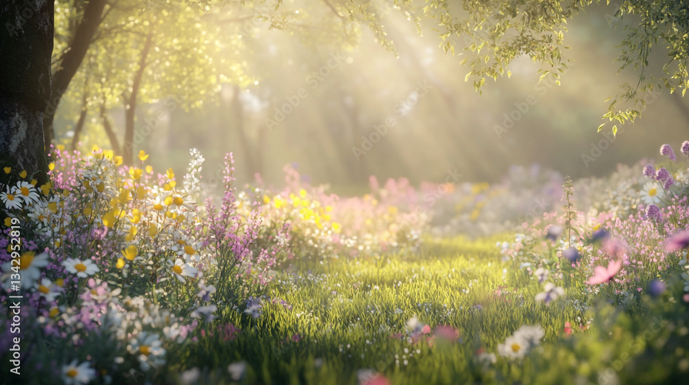 Obraz premium Lush sunlit garden with blooming flowers and soft morning light, illuminating a vibrant forest meadow filled with colorful wildflowers in magical forest, creating a sense of wonder and enchantment.