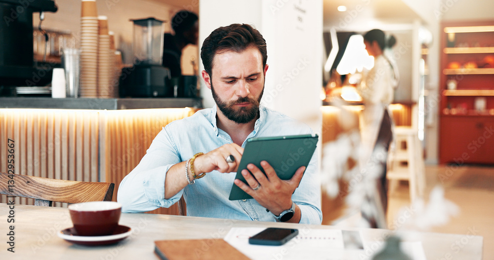 Business, man and reading on tablet at cafe for website reviews, inventory management and checklist. Male owner, digital and planning menu, stock application and online booking of restaurant feedback Business, man and reading on tablet at cafe for website reviews, inventory management and checklist. Male owner, digital and planning menu, stock application and online booking of restaurant feedback
