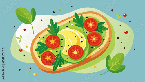 A spread of savory homemade avocado toast topped with cherry tomatoes microgreens and a sprinkle of chili flakes.. Vector illustration