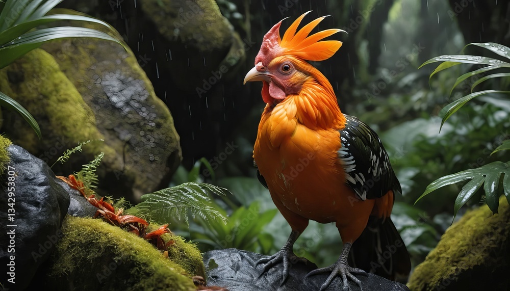 Fototapeta premium Vibrant orange rooster with a dramatic crest in a lush tropical rainforest.