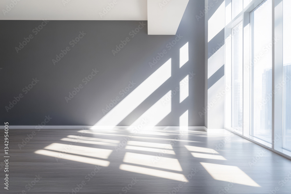 Obraz premium Bright sunlight casting shadows in a modern empty room with large windows