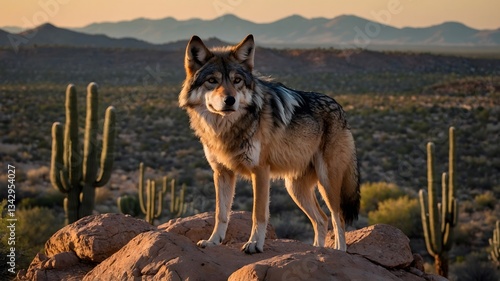 Mexican Wolf Posing on Rocky Outcrop with Desert Sunset Backdrop