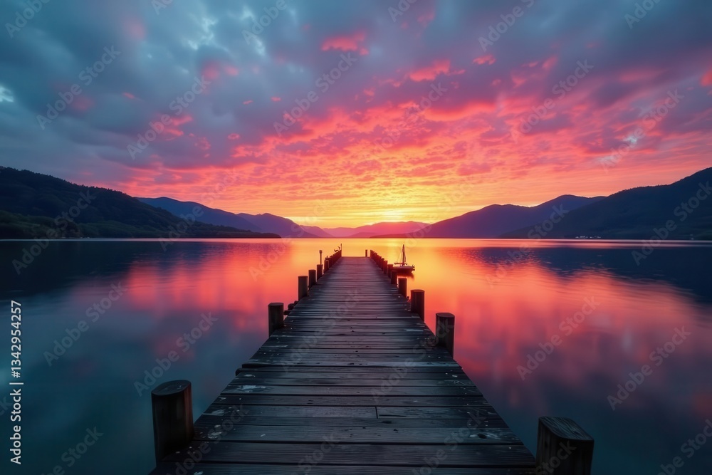 Ancient pier extends into still lake, sunrise hues paint sky and water , morning, reflection, outdoor Ancient pier extends into still lake, sunrise hues paint sky and water , morning, reflection, outdoor