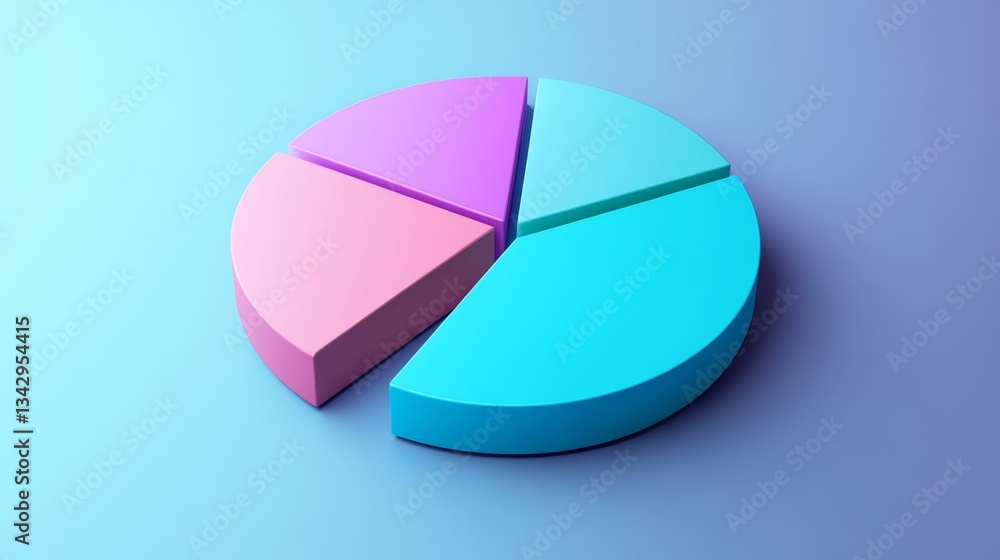Fototapeta premium A D pie chart with four slices, featuring a soft drop shadow for depth, in blue, purple, teal, and pink for a polished presentation look.