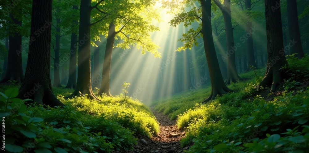 Obraz premium Forest clearing with sunlight filtering through, forest clearing, sunlight