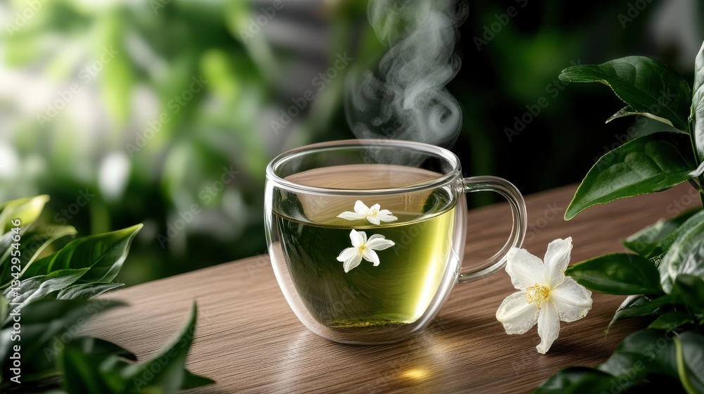 Delicate Cup of Green Tea Accompanied by a Beautiful White Flower Delicate Cup of Green Tea Accompanied by a Beautiful White Flower