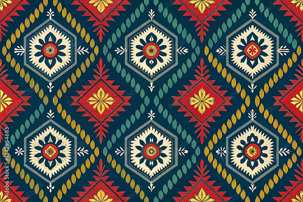 Seamless ethnic intricate ikat pattern background. Festive gift wrapping paper with seamless pattern background, textile fashion design Seamless ethnic intricate ikat pattern background. Festive gift wrapping paper with seamless pattern background, textile fashion design