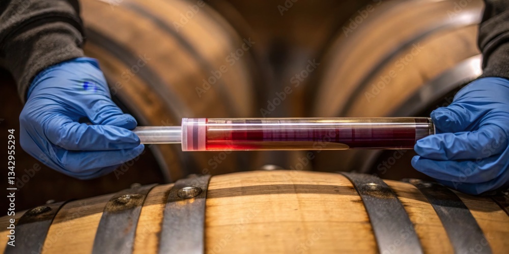 Wine tasting process at a vineyard with barrels showcasing the rich tones of red wine
