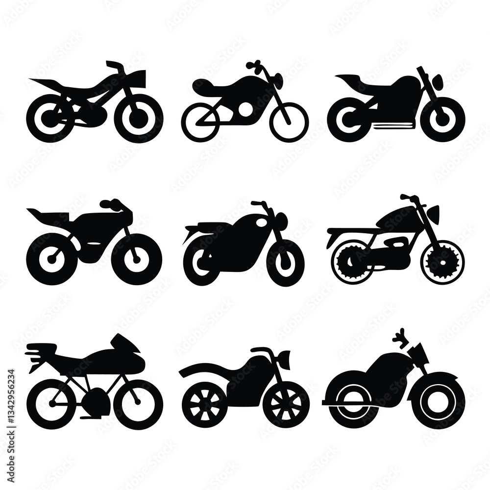 Obraz premium Motorcycle icons of silhouette black shape vector illustration isolated on white background