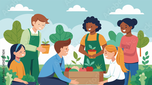 A group of high school students join their teacher at the community garden to learn about sustainable gardening practices and how to grow their own food.. Vector illustration