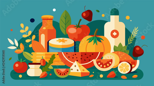 A tribute to the farmers market with an assortment of locallysourced antipasto ingredients displayed in a colorful and lively spread.. Vector illustration