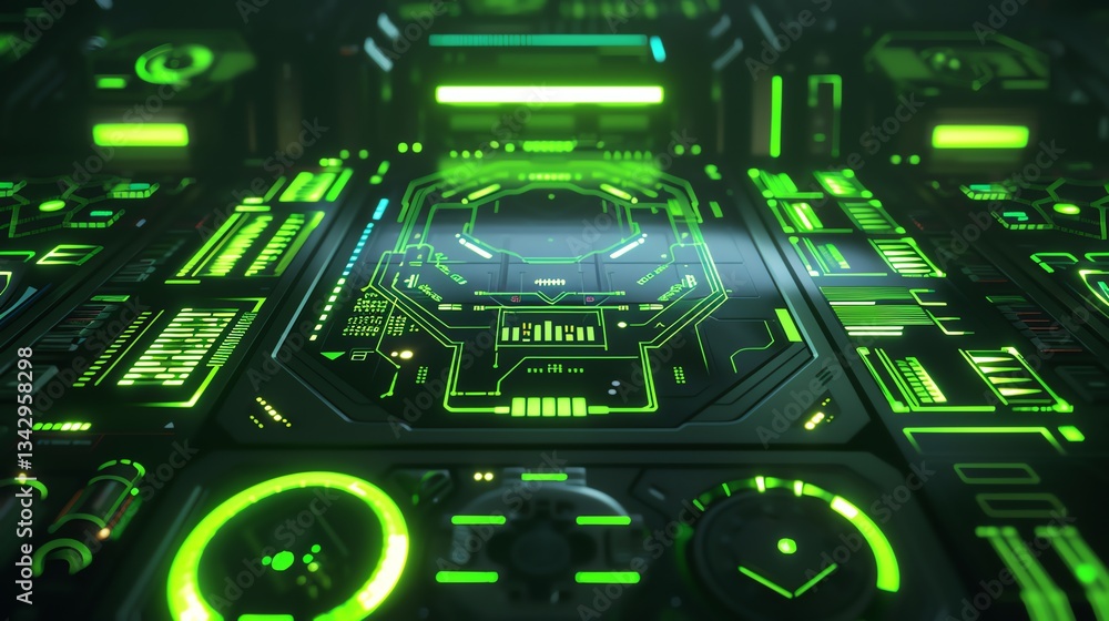 Fototapeta premium Exploring Futuristic Spacecraft Control Panel with Glowing Green Technology Design