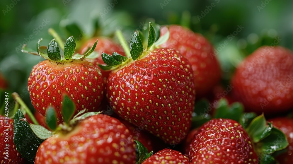 A vibrant cluster of strawberries, plump and juicy, their skin glistening like dew, ready to burst with sweet, natural goodness. A vibrant cluster of strawberries, plump and juicy, their skin glistening like dew, ready to burst with sweet, natural goodness.