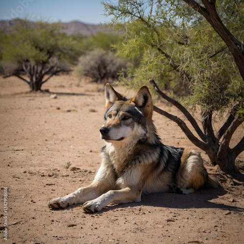 Mexican Wolf Relaxing Under Mesquite Tree in Scorching Desert