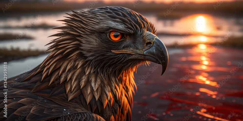 Beautiful golden eagle perched near water at sunset with striking orange eyes and vivid feathers in a serene landscape