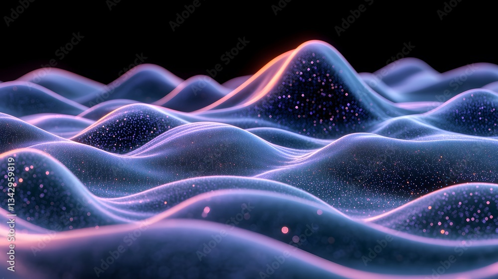 Fototapeta premium Abstract illustration showing undulating surfaces with illuminated particles and color gradients