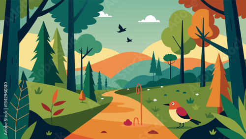 A guided nature walk through a nearby forest with the natural sounds of birds and rustling leaves creating a peaceful soundtrack.. Vector illustration