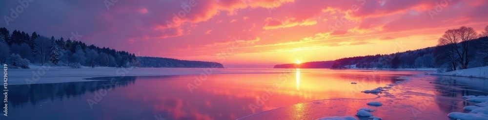 Fototapeta premium Pressure ridge on a frozen lake during sunrise, lake, pressure, ridge