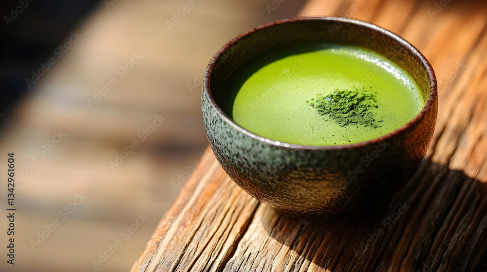 A vibrant bowl of matcha tea resting on rustic wood evokes serenity and mindfulness. A vibrant bowl of matcha tea resting on rustic wood evokes serenity and mindfulness.