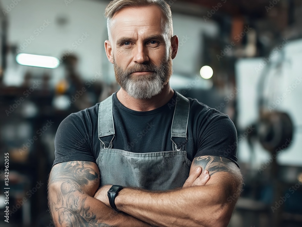 Fototapeta premium Confident man with tattoos in workshop setting.