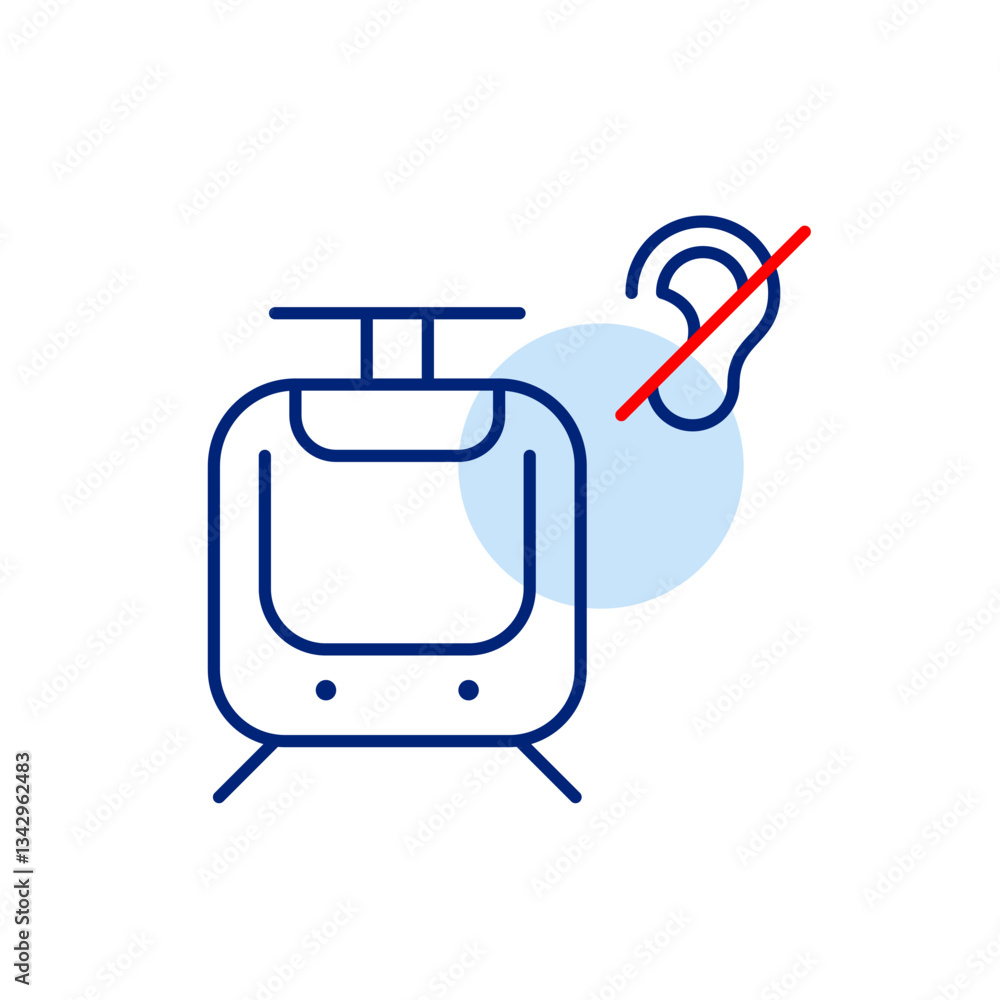 Obraz premium Tram and ear crossed out. Public transportation accessible for hearing-impaired people. No loud noises, no voice announcements. Pixel perfect, editable stroke vector icon